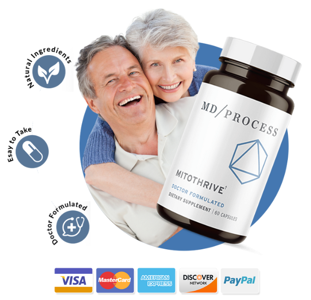 Mitothrive single bottle with smiling elderly couple with credit cards